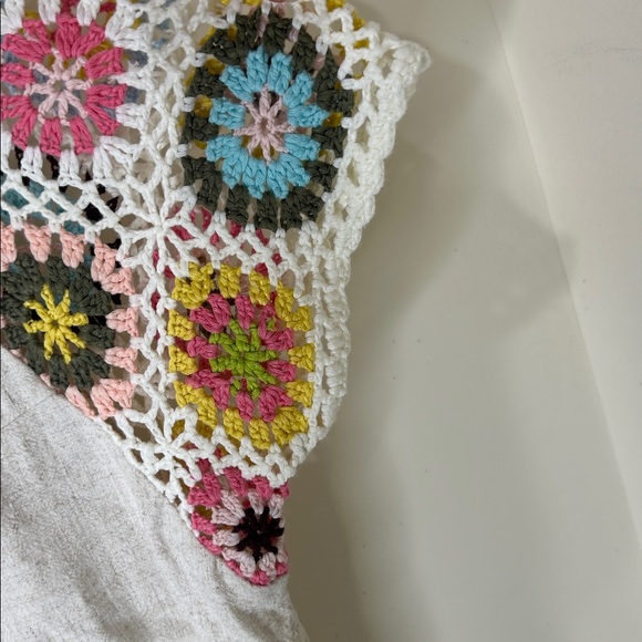 UMGEE Frayed Hem Linen Blend Colorful Crochet Sleeve Boho Tunic Top Size Small - Picture 13 of 14